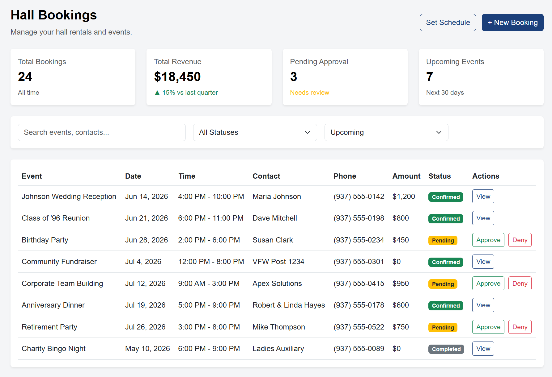 Hall booking dashboard showing calendar and availability